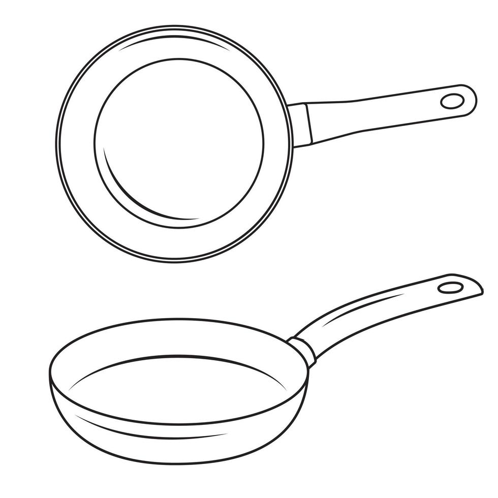 Black insulated frying pan with handle, black contour in doodle style, vector illustration.