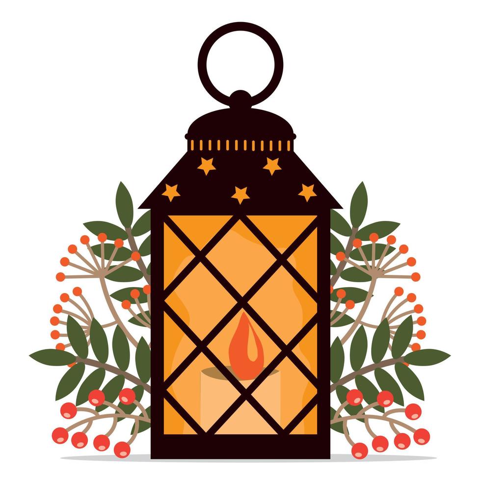 Interior landscape autumn lantern decorated with autumn leaves, cartoon vector