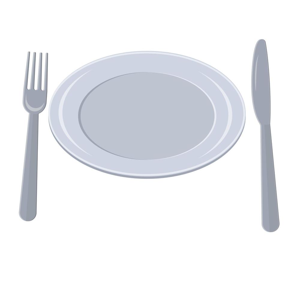 tenedor de cubiertos y cuchillo y plato, ilustración aislada de vector de color