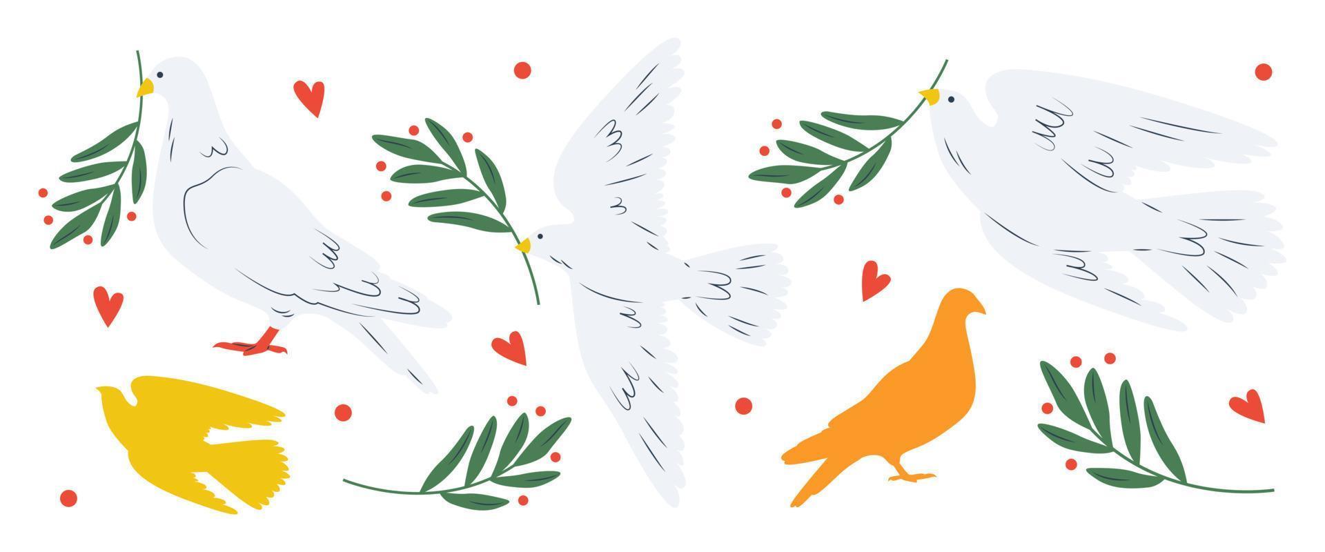 Set of dove of peace, white pigeons. Flying, standing birds with plant olive branch. Peace and love, freedom, no war, innocence, human purity. Hand drawn modern illustration. Support Ukraine vector