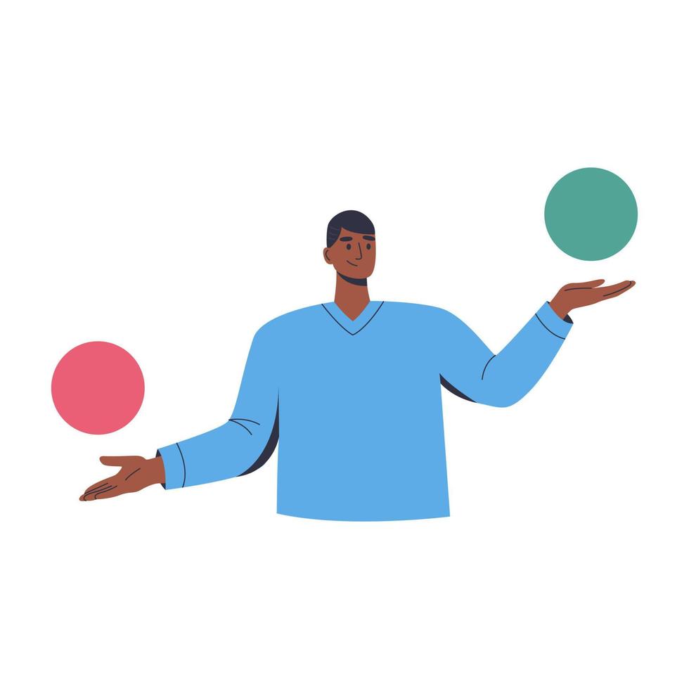 Puzzled indecisive man thinking, analyzing between two options. Questioned employee thinking. Make choice, weighing decision, doubting, deciding, setting priorities. Flat illustration. vector