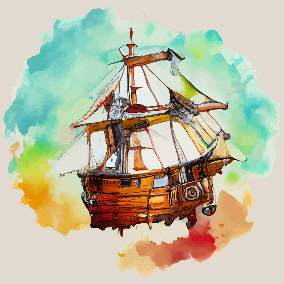 gráfico vectorial de ilustración de barco pirata en estilo acuarela bueno para imprimir en diseño de postal, póster o camiseta vector