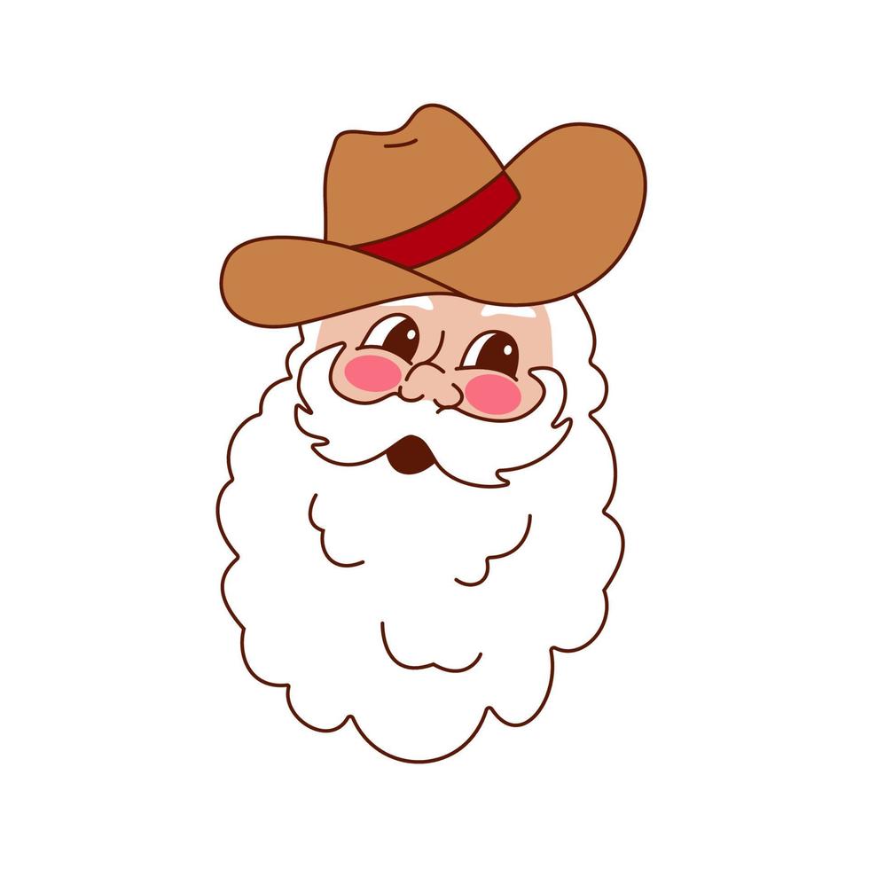 Howdy Christmas retro vintage Santa Claus with cowboy hat. Groovy Santa in 70s style. vector