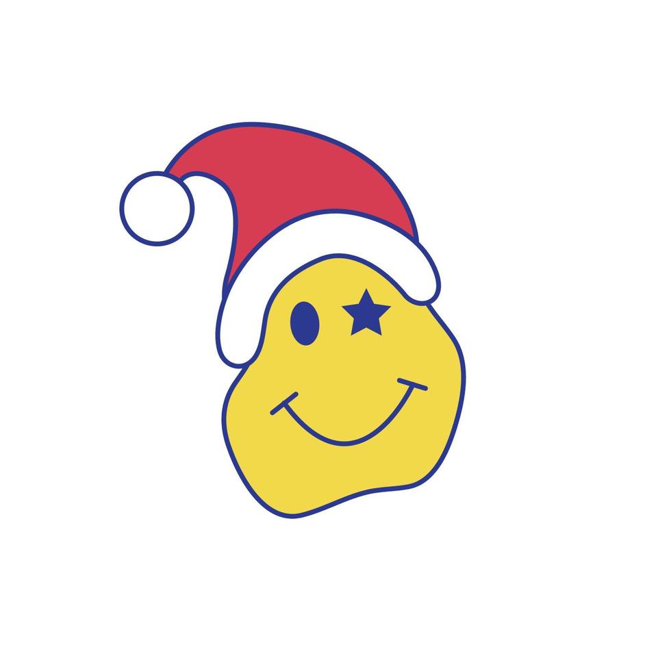 Christmas groovy crazy smile face and Santa hat in 70s retro style. vector