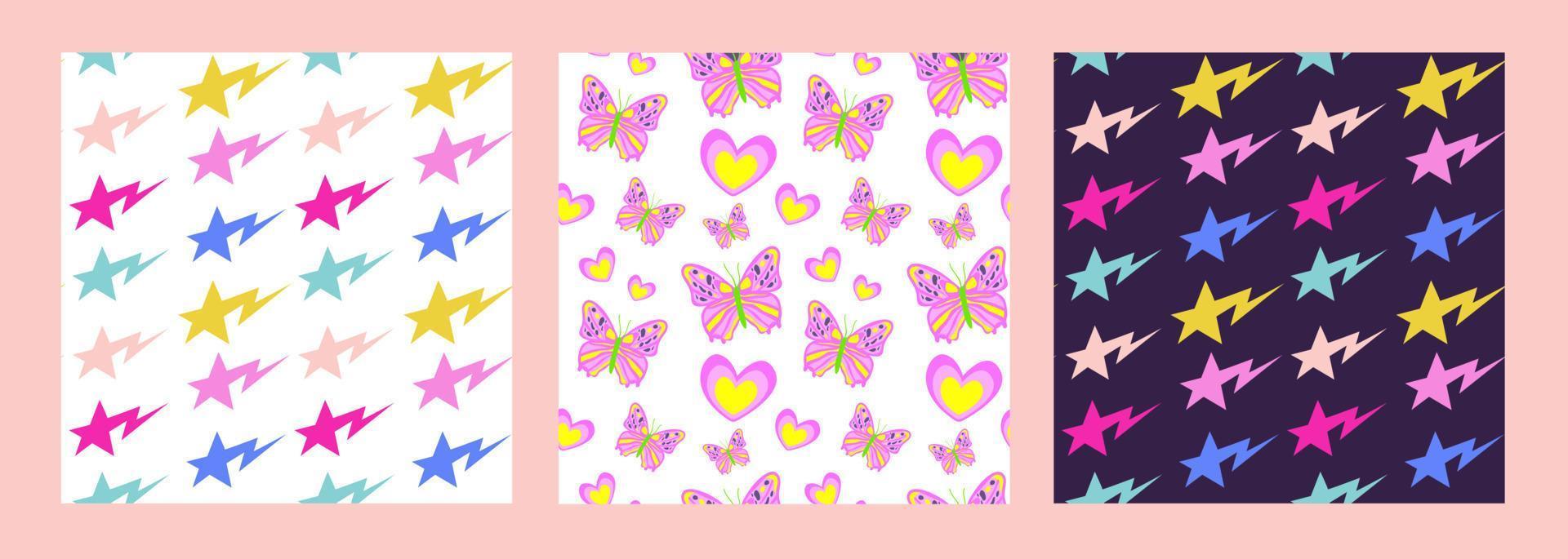 Retro hipster y2k aesthetic Textile Seamless Pattern set. Cute Glamorous style with srats and butterflyes vector