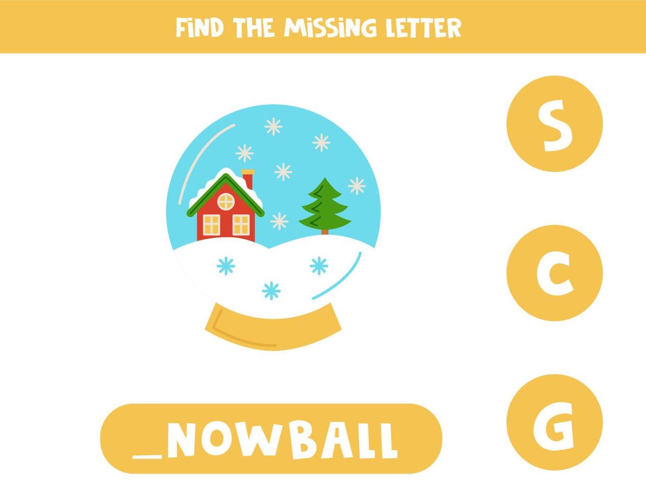 Find missing letter with yellow Christmas snowball. Spelling worksheet. vector