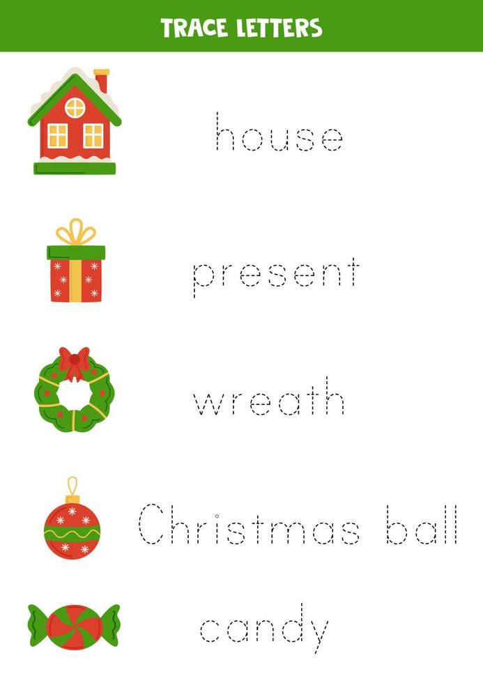 Tracing letters with Christmas elements. Writing practice. vector