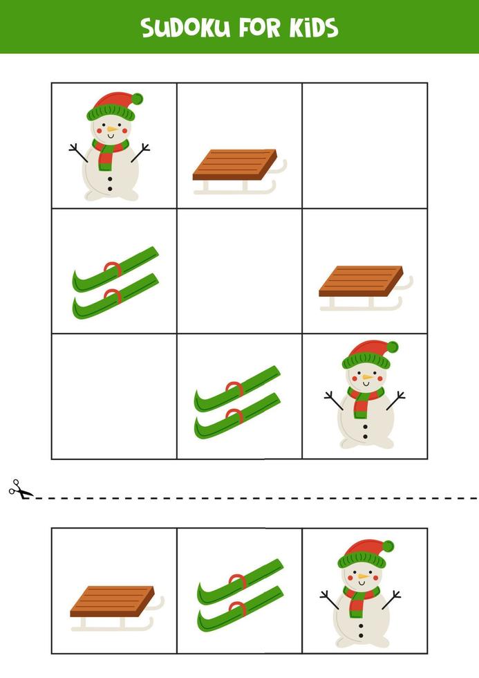 Educational sudoku game with cute winter essentials. vector