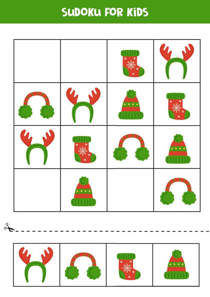 Educational sudoku game with winter accessories. vector