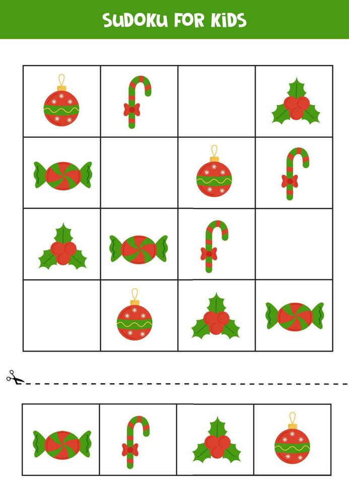 juego educativo de sudoku con lindos elementos navideños. vector