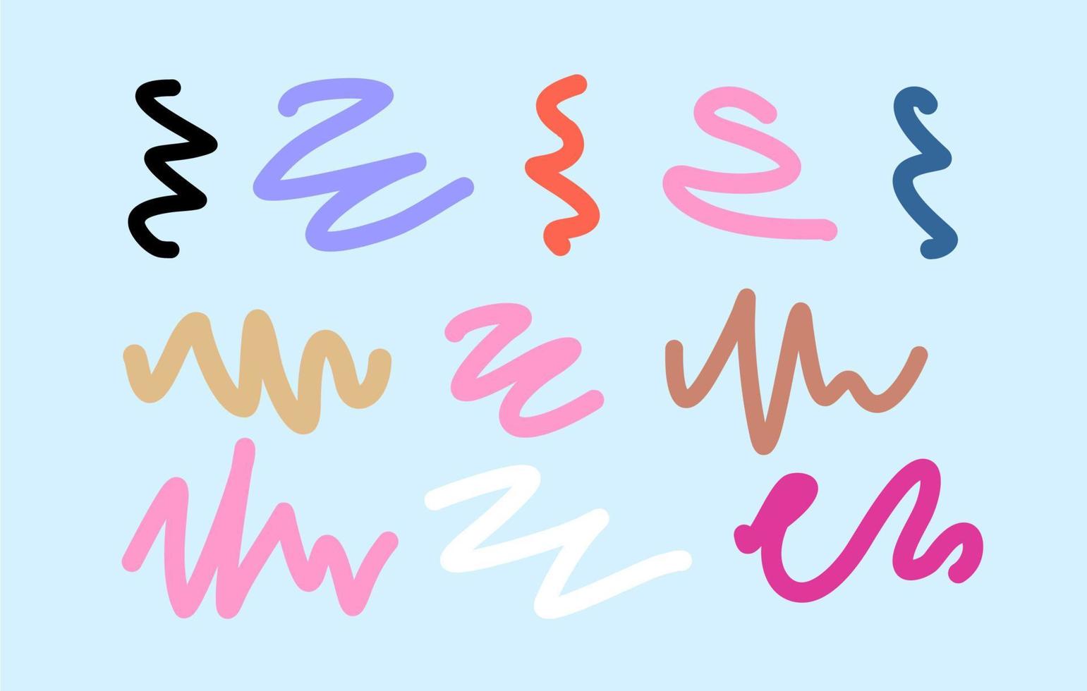 Set of lines, squiggles. Vector curved lines, flourishes. Doodle and squiggles, cartoon cute style.