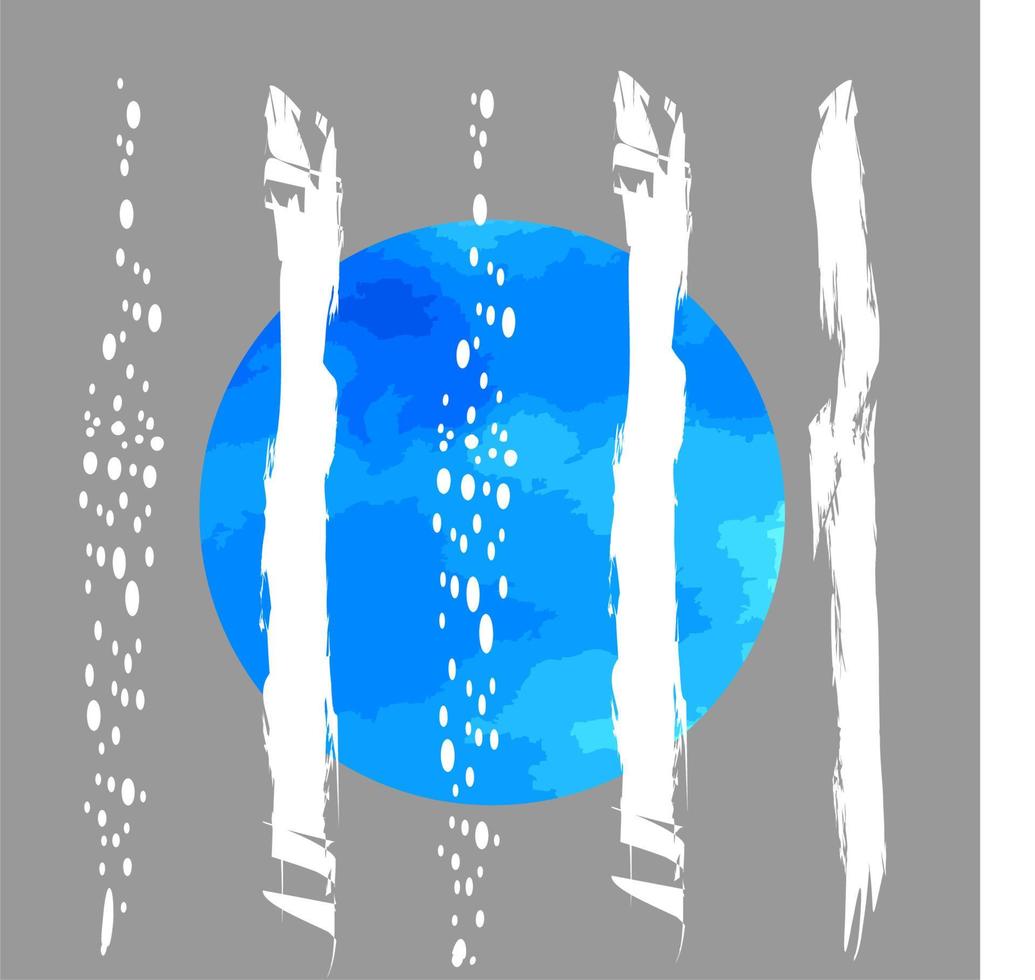 un conjunto de tres abstracciones sobre un fondo gris, un cuadrado de acuarela azul con pinceladas en la parte superior, un corazón de acuarela púrpura y un círculo de acuarela. arte del panel vector