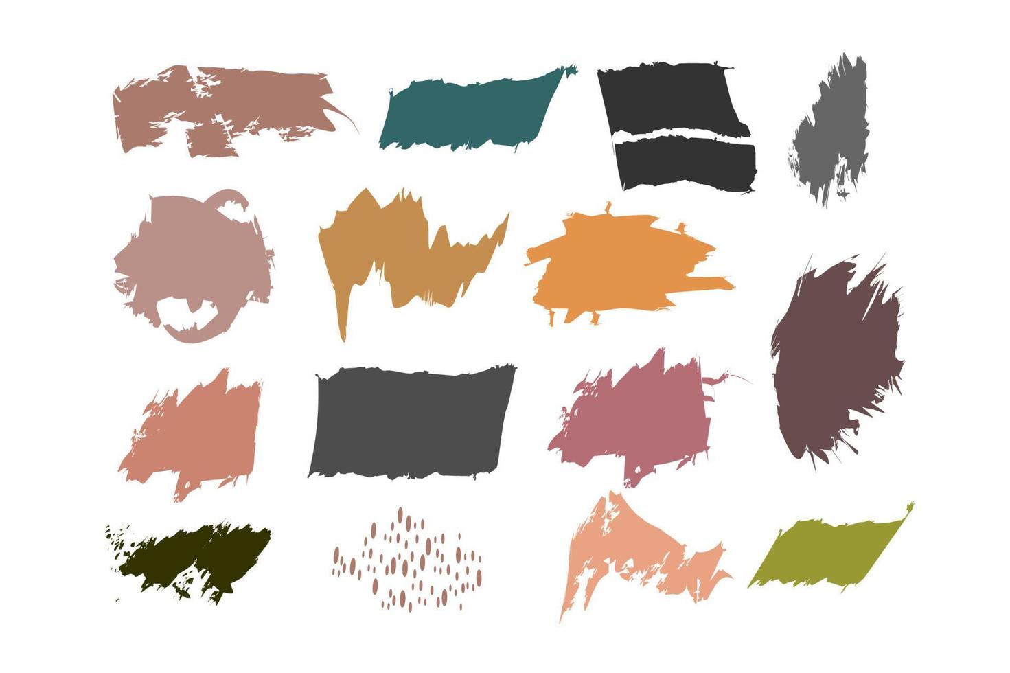 A set of grunge brush strokes of natural shades. Green moss, light and dark brown colors, gray brown and pink beige. Pastel brush strokes. Banners vector