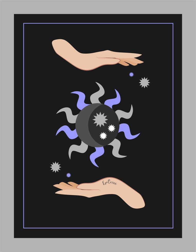 A composition of esoteric alchemical mystical magical celestial talismans with female hands, moon, sun and stars.Sacrality.An object of spiritual mastery. Vector illustrations in the flat style. Black