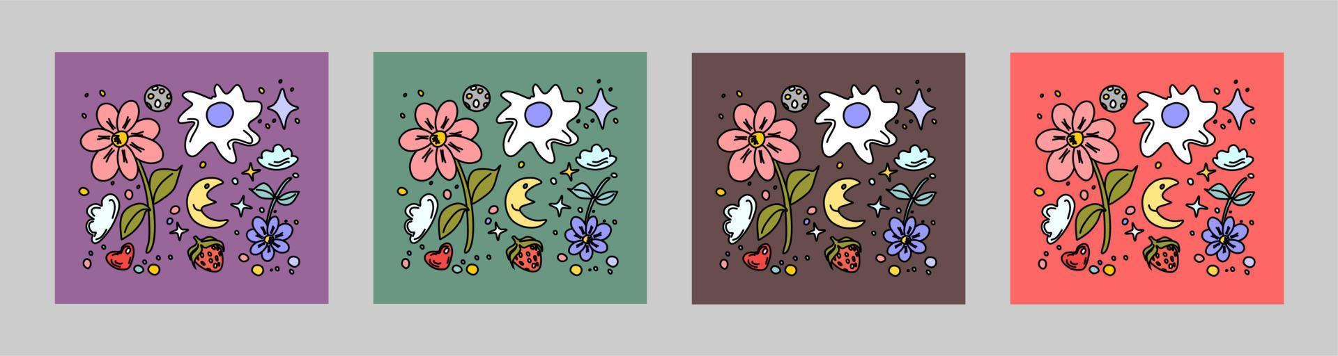 The mood is romantic, aesthetic. Flowers, moons, clouds, crystals, strawberries, hearts and stars.Retro style. Drawing by hand.A set of cute little things on a pink, gray-brown, green,purple. vector