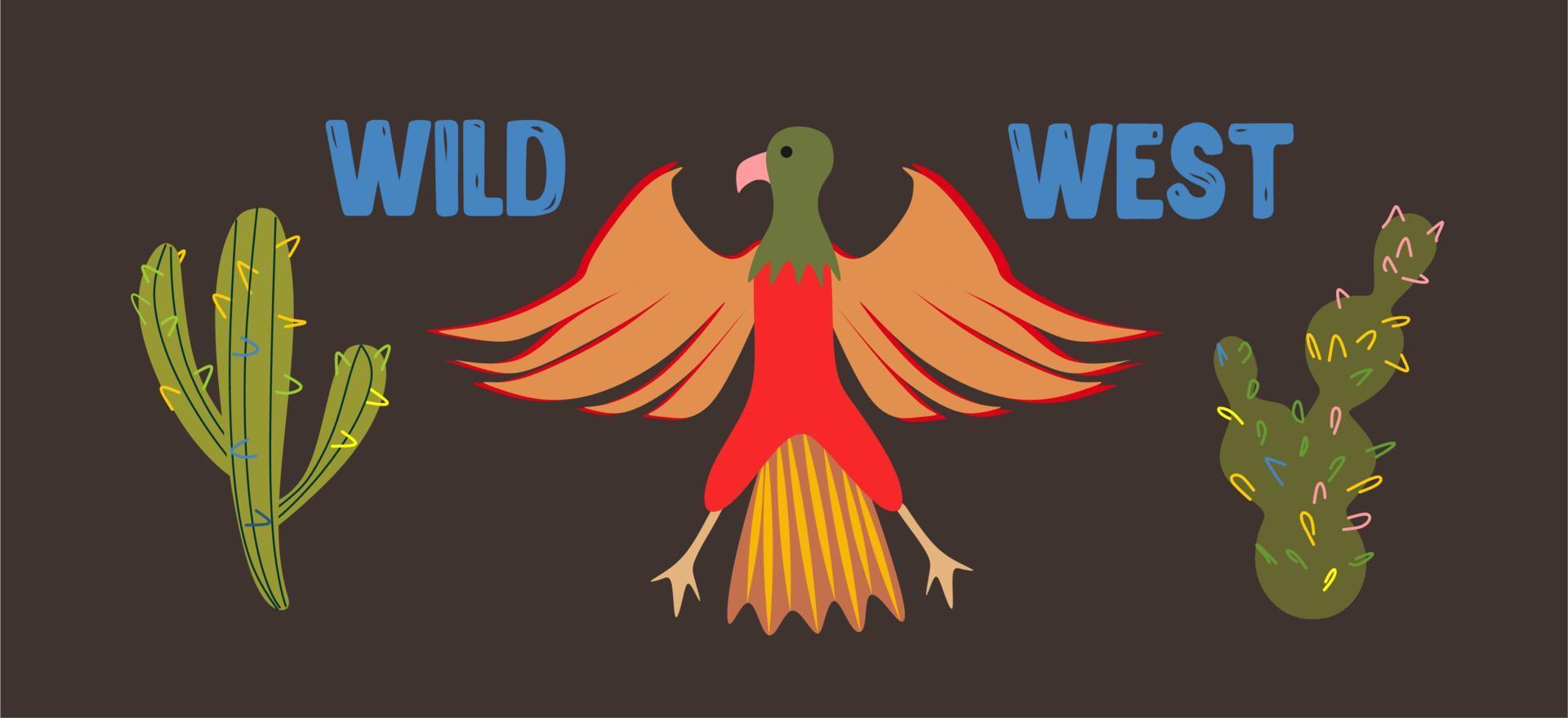 salvaje oeste. un águila en el medio, dos cactus diferentes a los lados. estilo plano, cartón. vector