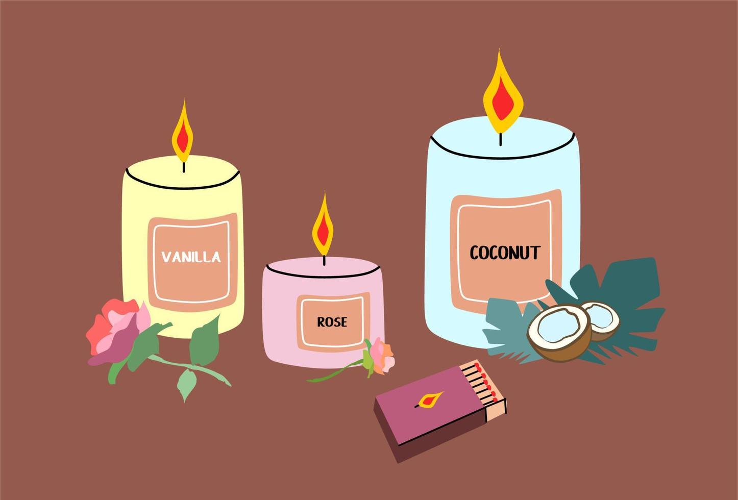 A set of scented candles with Vanilla, Rose and Coconut flavors. Illustration for the mood of comfort and relaxation. Matches lie next to three lit candles. Flat, vector. vector