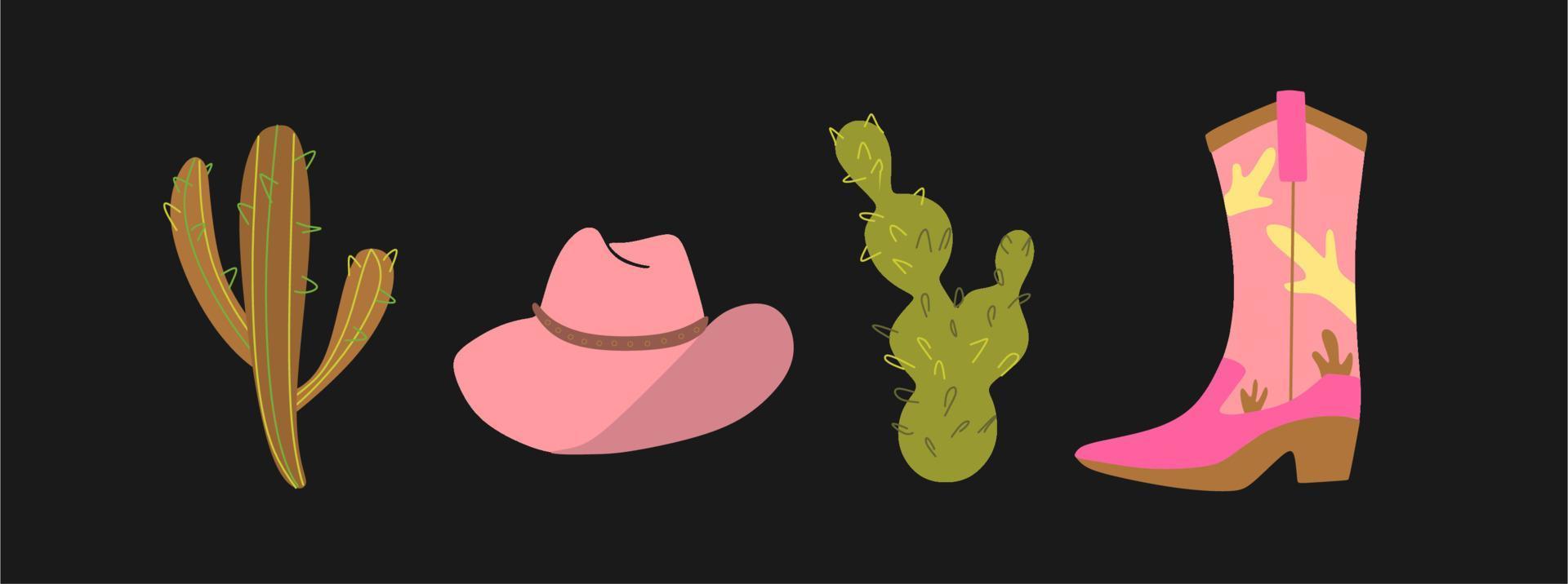 un conjunto de dibujos sobre el tema del salvaje oeste. una vaquera, tres tipos de cactus, una calavera de toro, una serpiente, botas vaqueras y un sombrero. ilustración retro - conjunto de elementos. estado de ánimo vaquero. vector