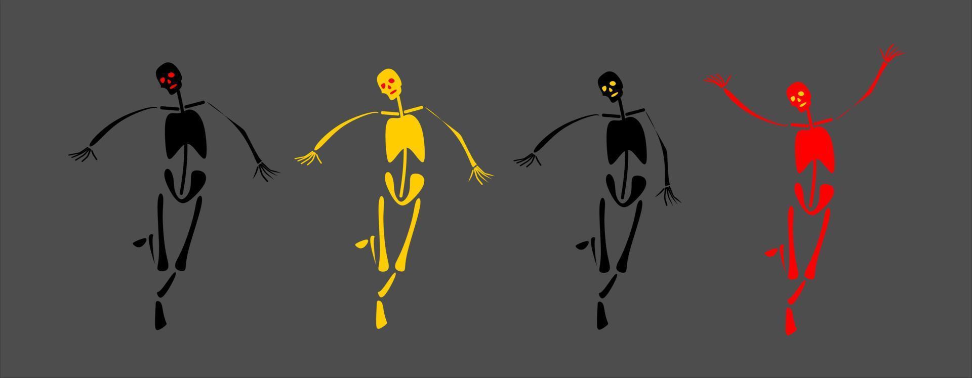 Four skeletons. Yellow, red, black and white skeleton. Flat style. Halloween elements. Simple style. vector