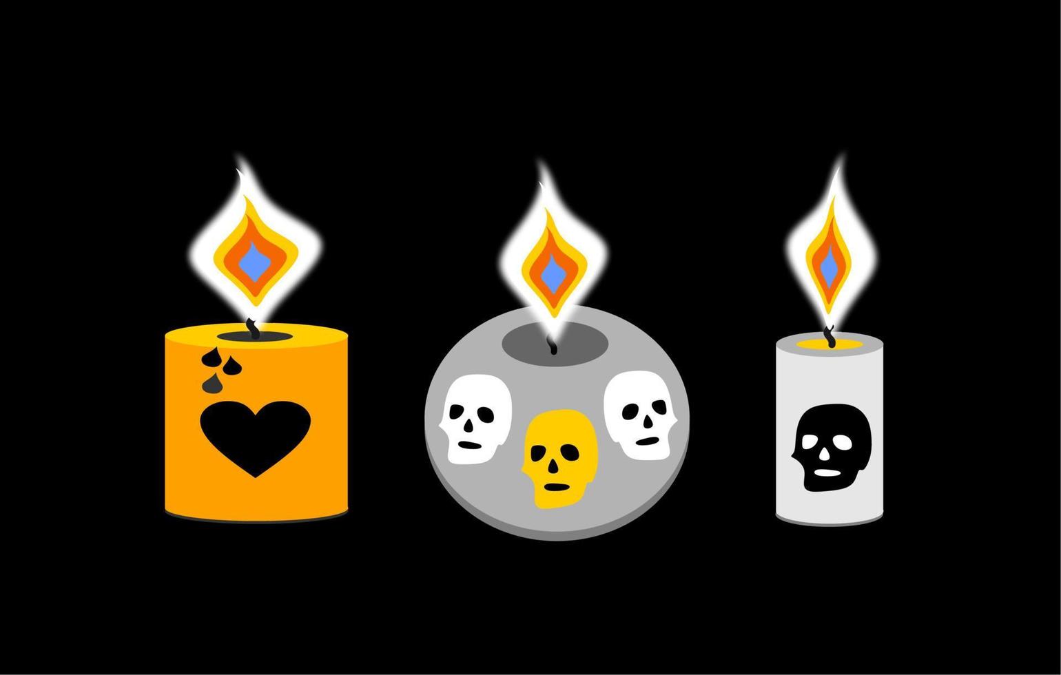 velas de halloween sobre un fondo negro. las velas están encendidas, el fuego es realista, las calaveras están pintadas en las velas. cráneo gris con ojos amarillos, telaraña, luna. plano vector