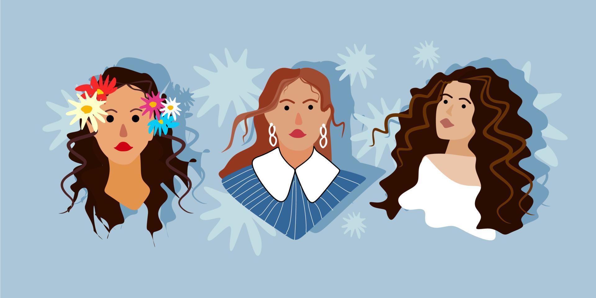 A set of girls, portraits, faces. Modern flat style, minimalism. The girl has daisies in her hair, Curly hair, a girl in a shirt with a collar. A girl in a summer dress. Characters vector