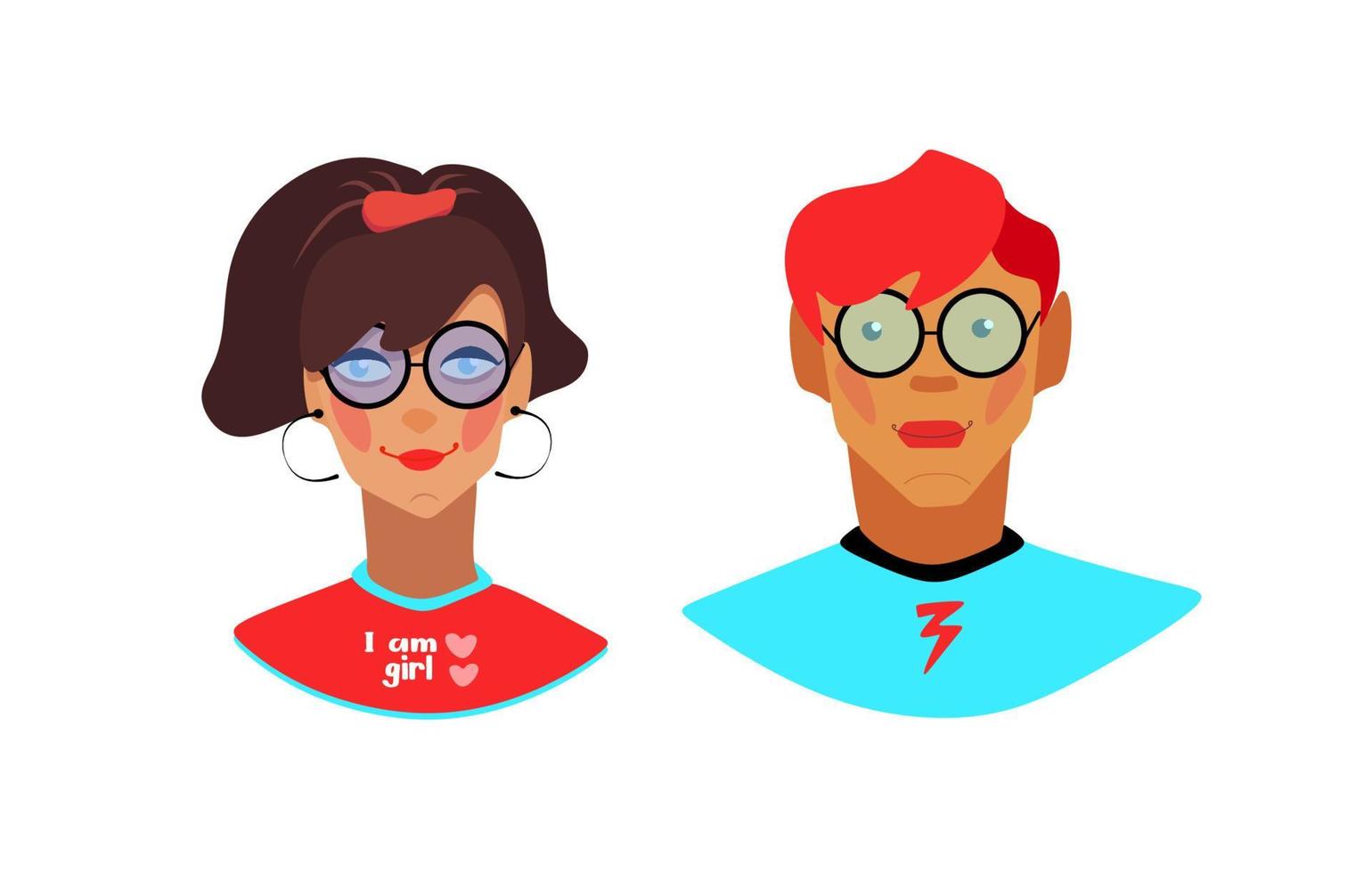 Teen boy and girl. Two avatar characters. Cartoon style, flat. Cheerful,cute black, yellow checkered background with small colored symbols. Colored glasses on the face. Blue, pink, red and brown hair. vector