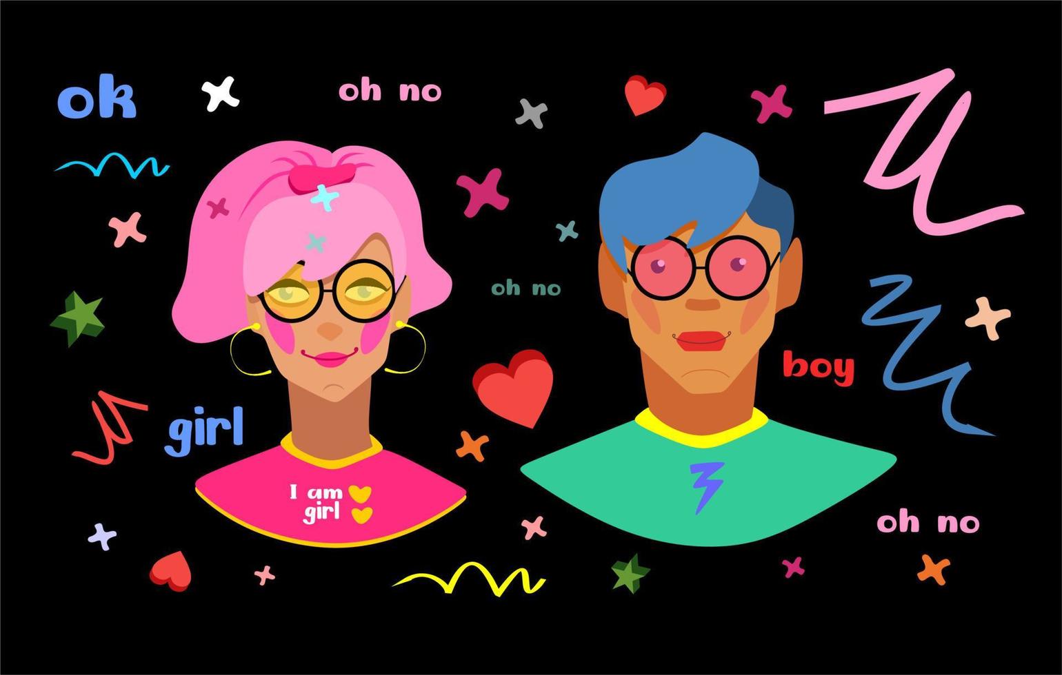 Teen boy and girl. Two avatar characters. Cartoon style, flat. Cheerful,cute black, yellow checkered background with small colored symbols. Colored glasses on the face. Blue, pink, red and brown hair. vector
