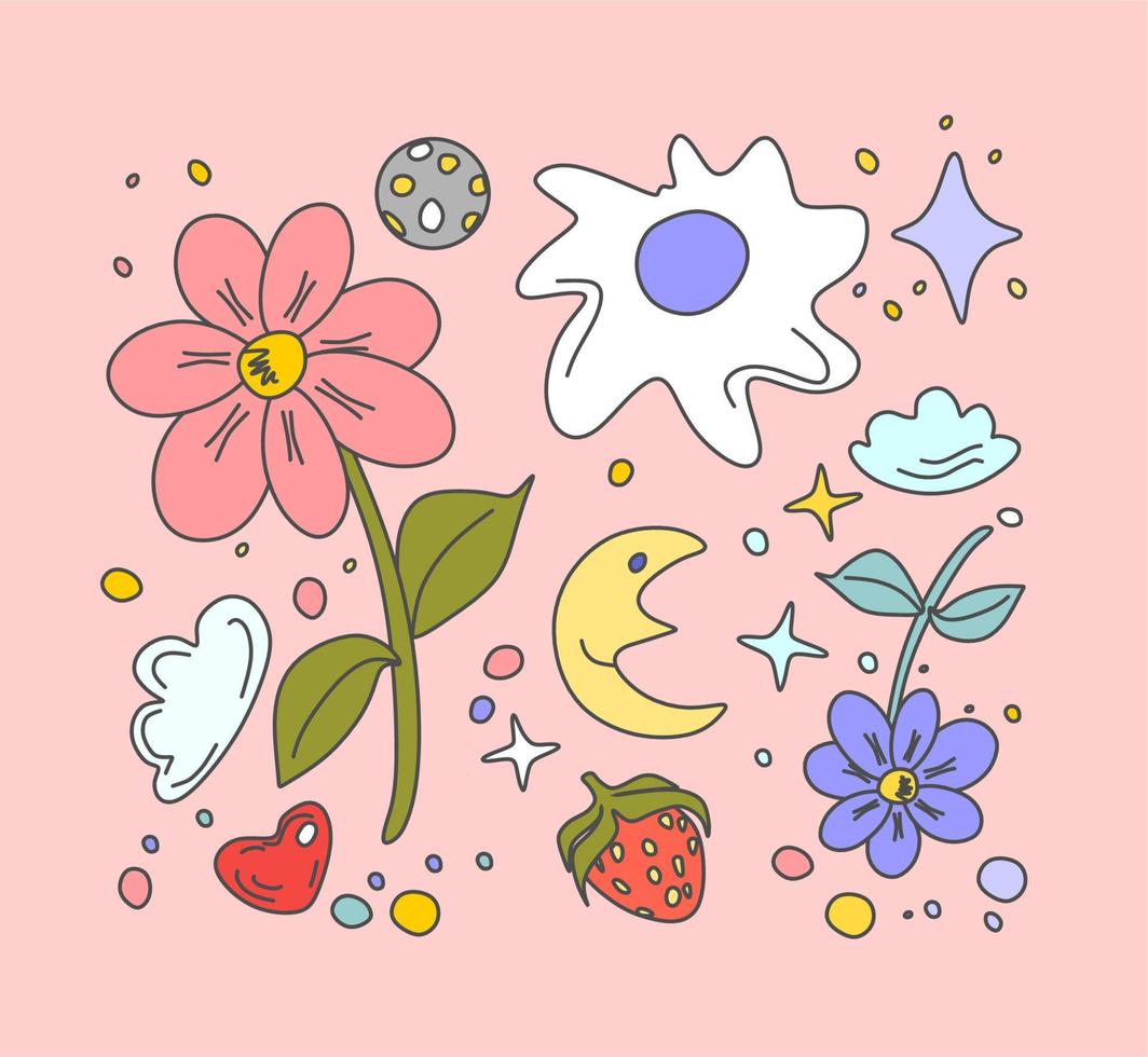 el estado de ánimo es romántico, estético. flores, lunas, nubes, cristales, fresas, corazones y estrellas.estilo retro. dibujo a mano.un conjunto de lindas cositas sobre un fondo rosa. vector