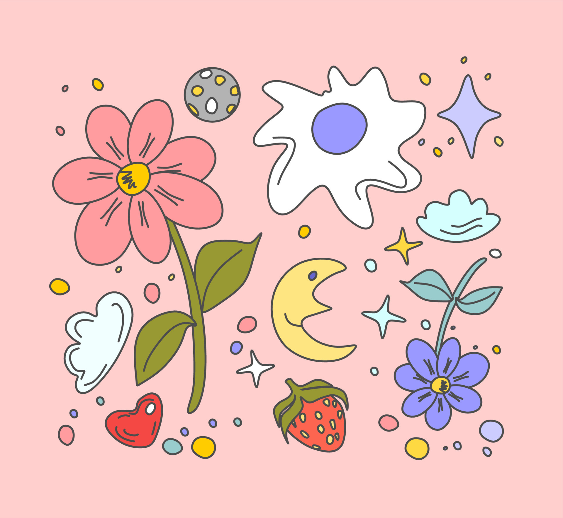 The mood is romantic, aesthetic. Flowers, moons, clouds, crystals