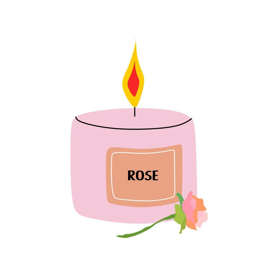 Scented candles with Vanilla, Rose and Coconut flavors. Illustration for the mood of comfort and relaxation. Matches lie next to three lit candles. Flat, vector. vector