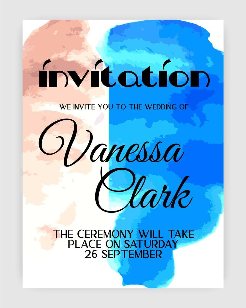 Watercolor set of wedding invitations, birthday cards and holiday cards. Watercolor blots and spots of different colors purple, pink, crimson, yellow, beige, blue, dark blue. vector