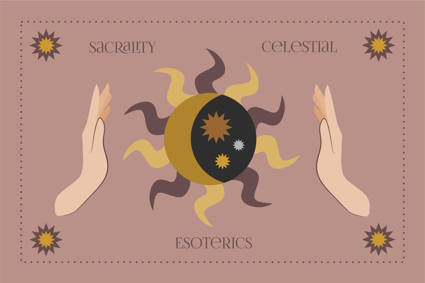 Sacrality. An object of spiritual mastery. Vector illustrations in the flat style. A composition of esoteric alchemical mystical magical celestial talismans with female hands, moon, sun and stars.