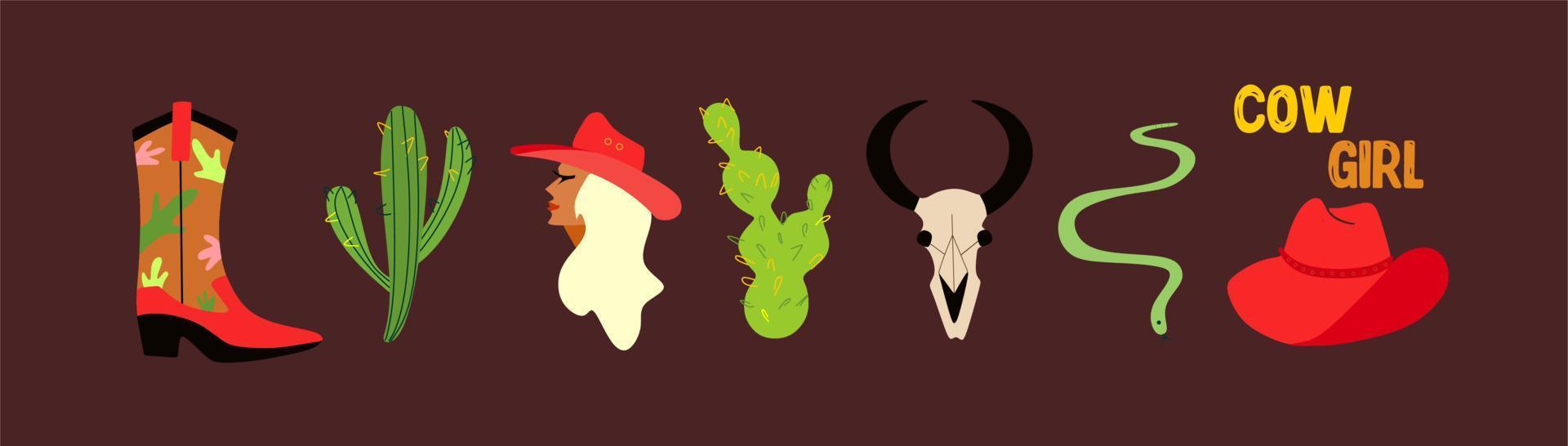 un conjunto de dibujos sobre el tema del salvaje oeste. una vaquera, tres tipos de cactus, una calavera de toro, una serpiente, botas vaqueras y un sombrero. ilustración retro - conjunto de elementos. estado de ánimo vaquero. vector