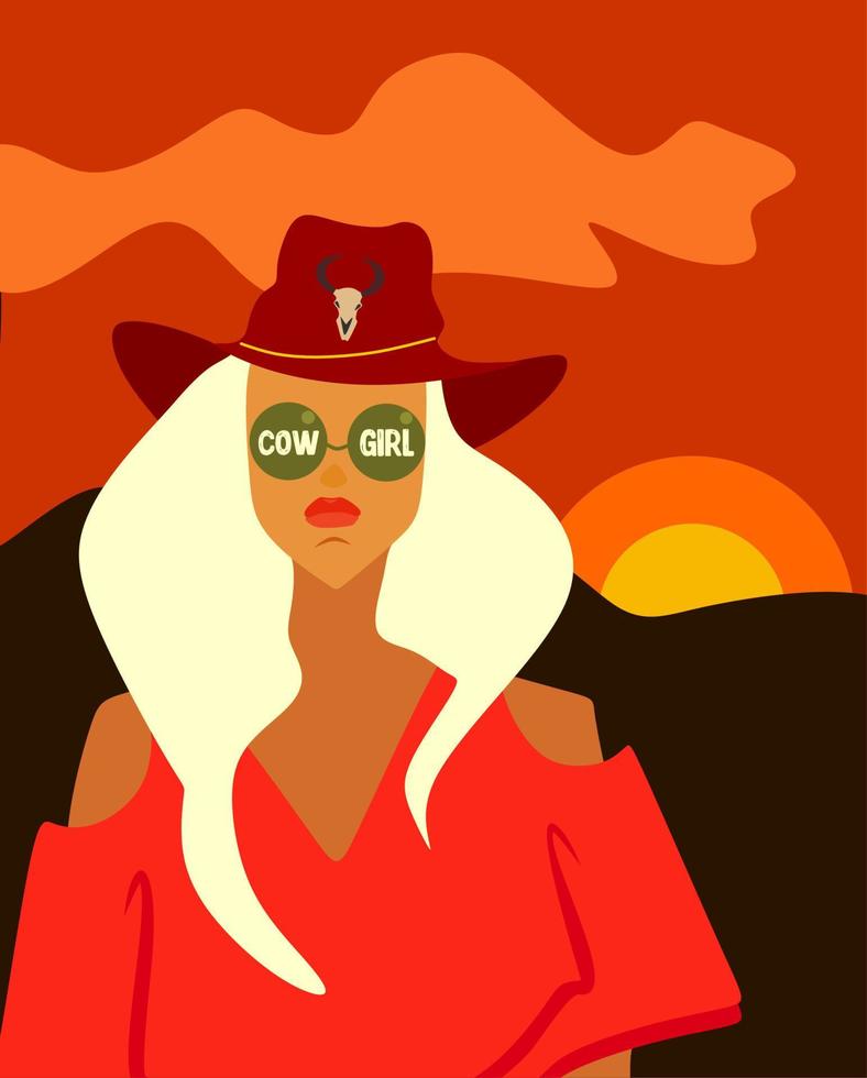 Vertical art with a sunset and a red sun, a cowboy girl with glasses and a hat. A blonde in a red blouse. Wild West vector illustration.Landscape of the south.