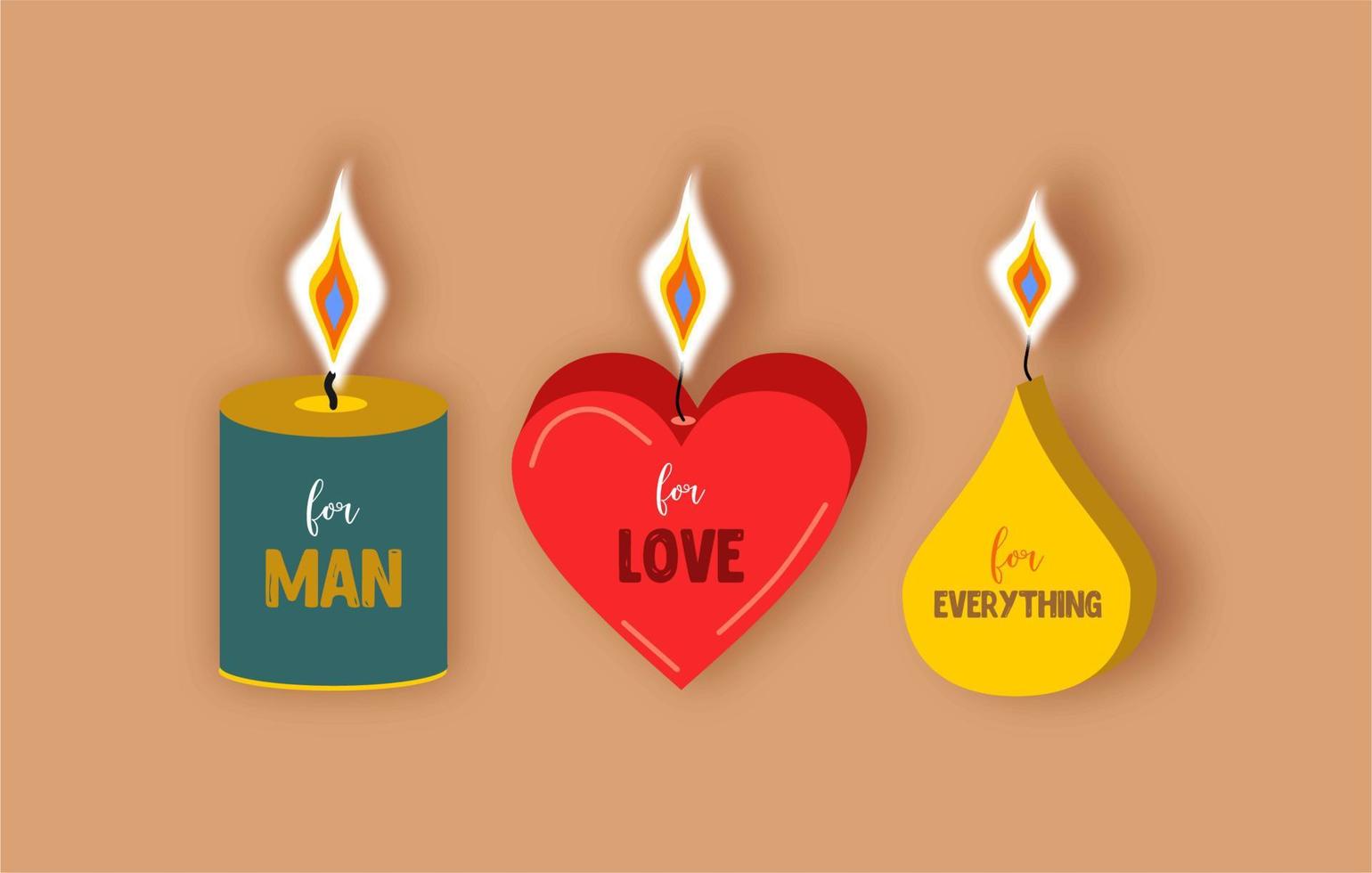 Three candles of different shapes and sizes. In the form of a red heart, a yellow drop and a standard candle.The candles are lit, the fire is realistic. Candles in flat style. Relaxation mood. vector
