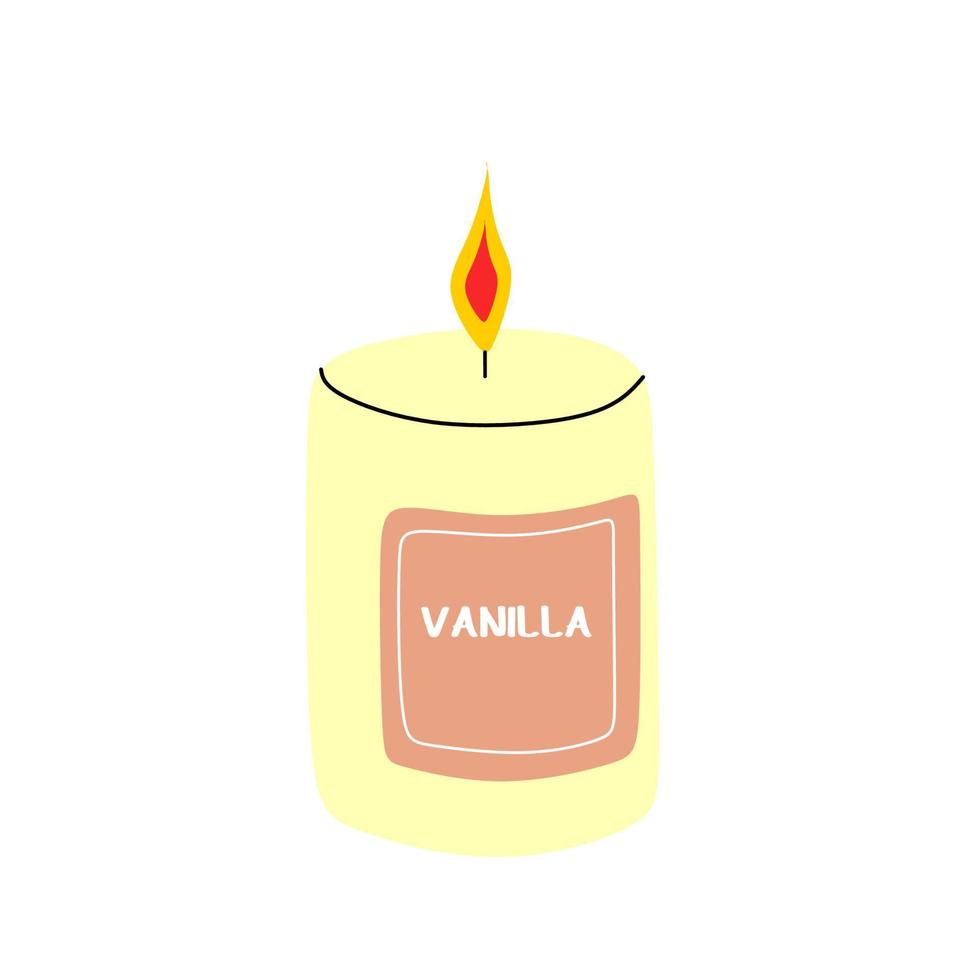 velas perfumadas con sabores de vainilla. ilustración para el estado de ánimo de comodidad y relajación. los fósforos yacen junto a tres velas encendidas. plana, vectorial. vector