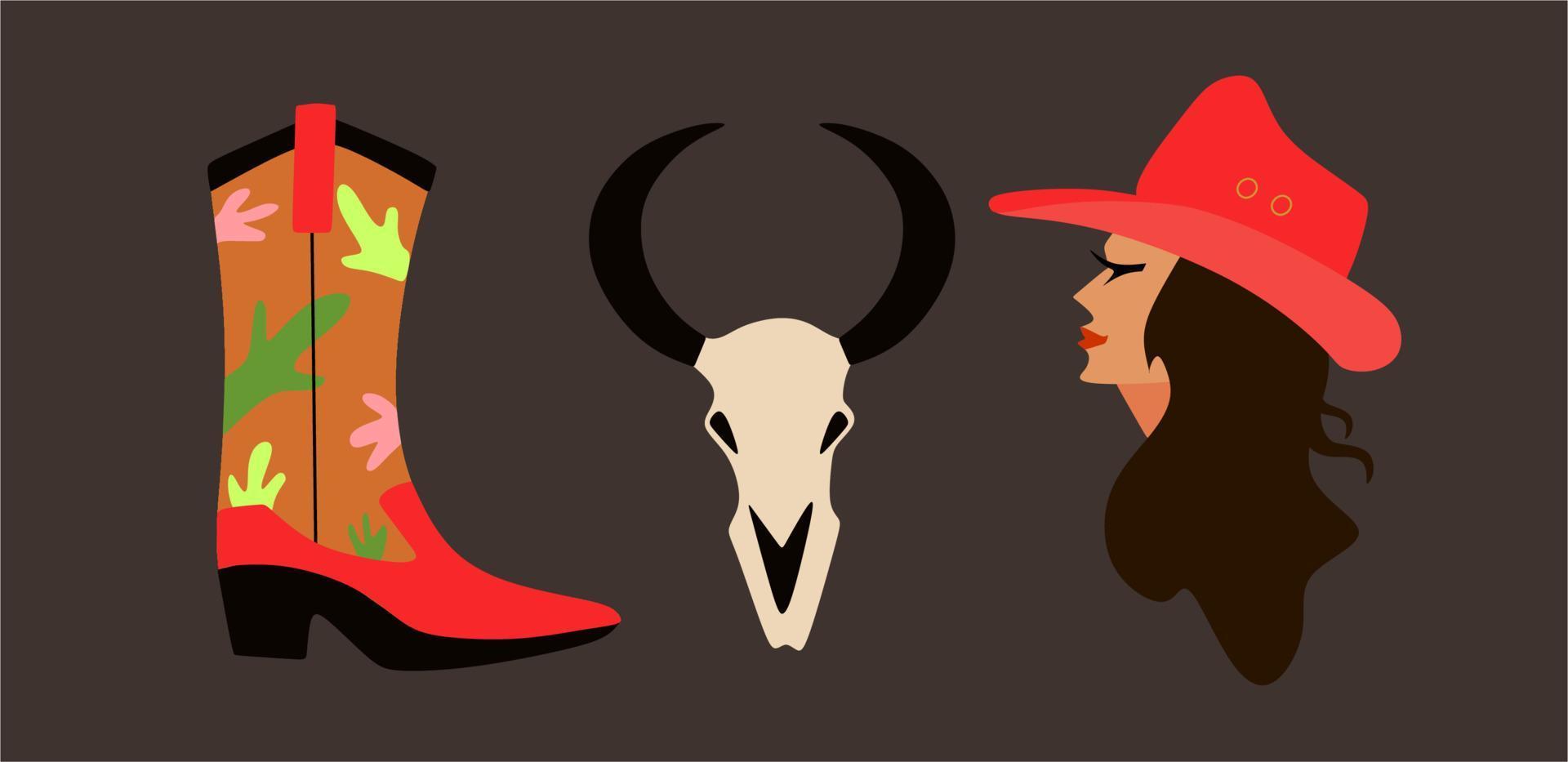 A set of drawings on the theme of the wild west. A cowboy girl, three types of cacti, a bull skull, a snake, cowboy boots and a hat. Retro illustration - set of elements. Cowboy mood. vector