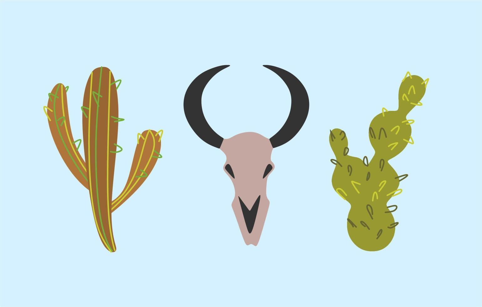 Retro illustration - set of elements. Cowboy mood. A set of drawings on the theme of the wild west. A two types of cacti, a bull skull. vector