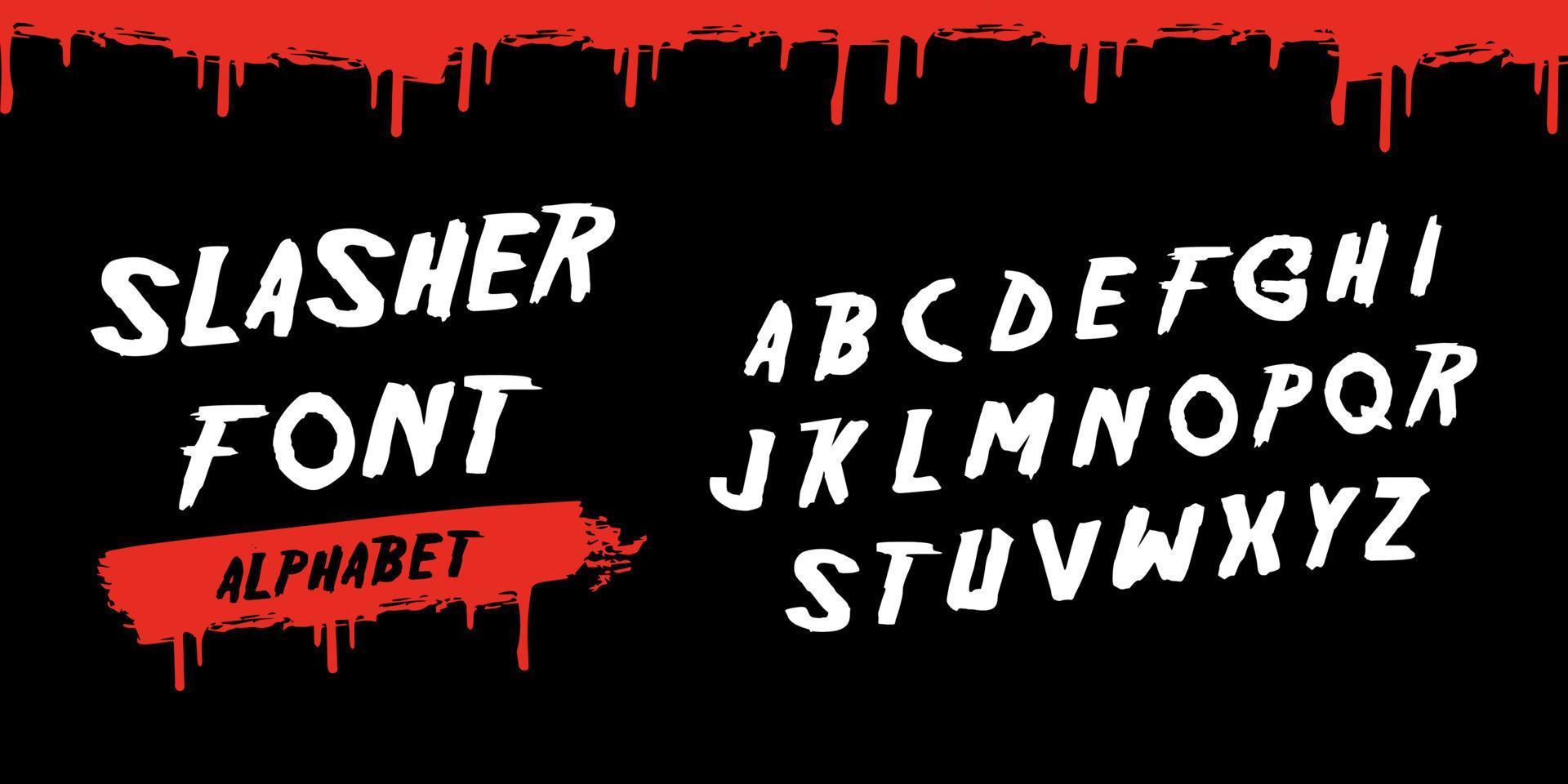 Slasher Title Alphabet, Horror Movie Genre. Scary Halloween font. Bloody typography. Decorative ABC elements. vector