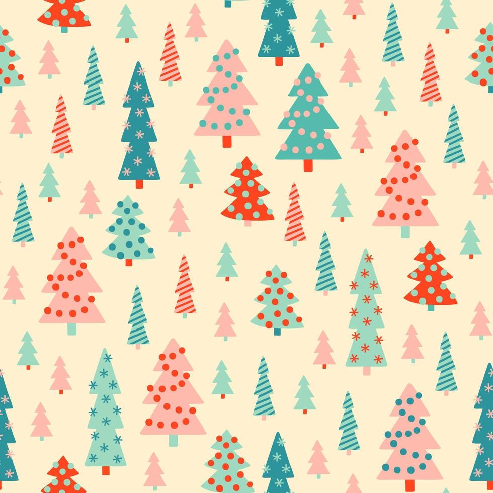Cute pastel Christmas trees festive gift wrap seamless pattern. Winter holiday pastel retro print on cream background. vector