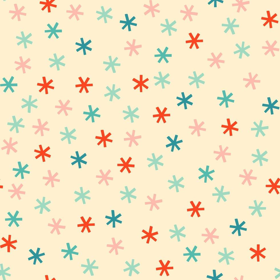 Cute snowflakes Christmas seamless pattern. Pastel blue, pink and red falling snow on cream background. Vintage winter holiday gift wrap. vector