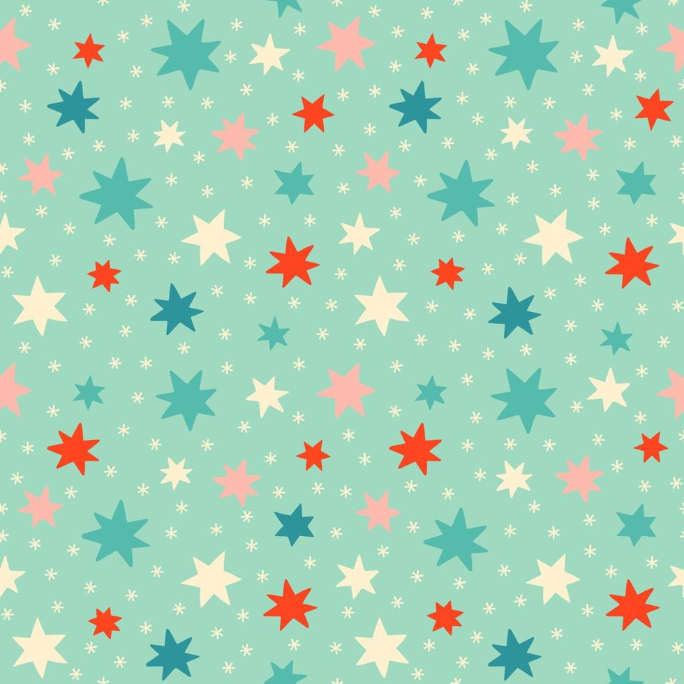 retro estrellas y copos de nieve navidad patrón sin costuras. diseño de papel de regalo de vacaciones de invierno con estrellas azul pastel, rosa y crema. vector