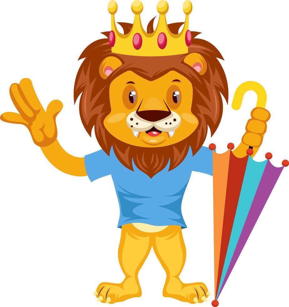 Lion with umbrella, illustration, vector on white background.