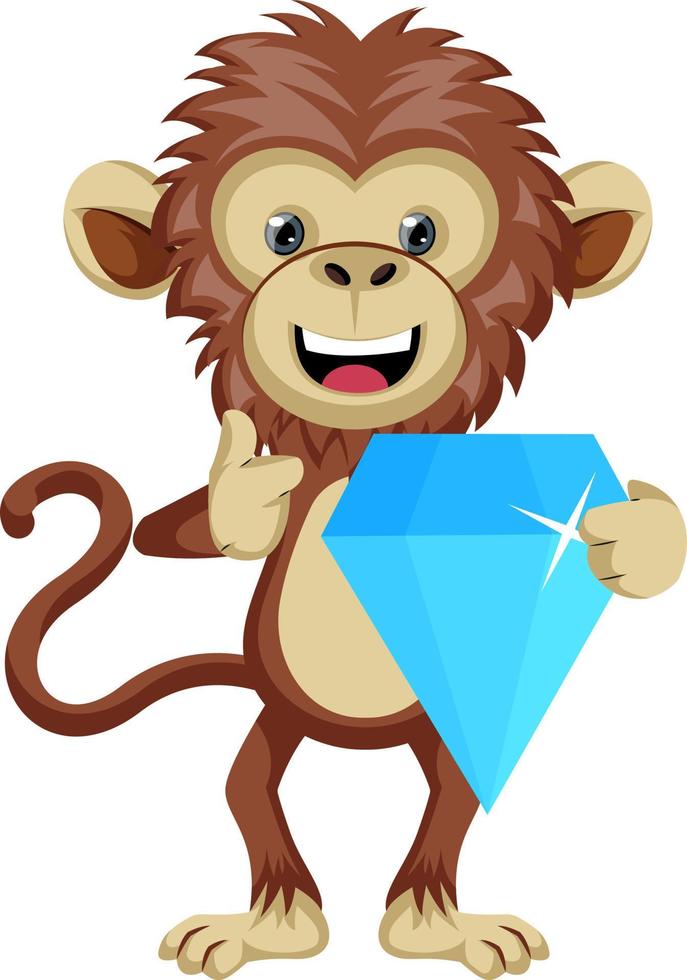 Monkey with diamond, illustration, vector on white background.