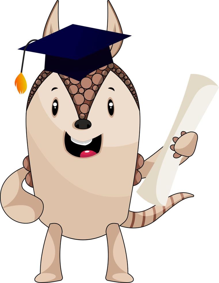 Armadillo with diploma, illustration, vector on white background.