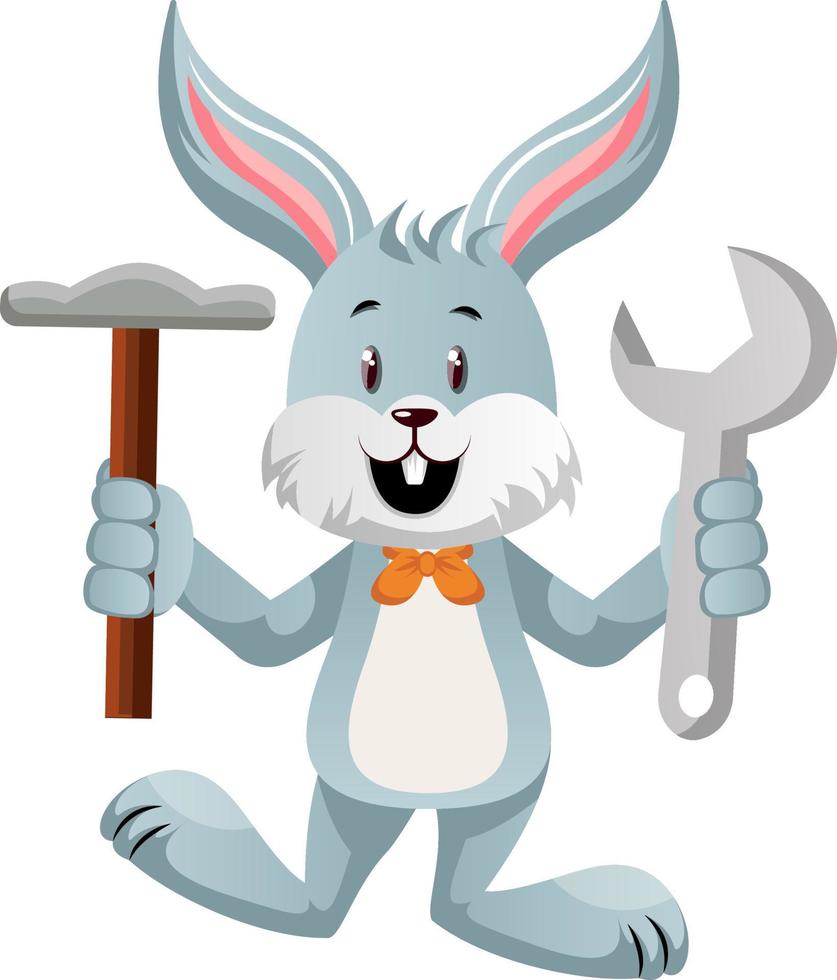 Bunny with wrench and hammer, illustration, vector on white background.