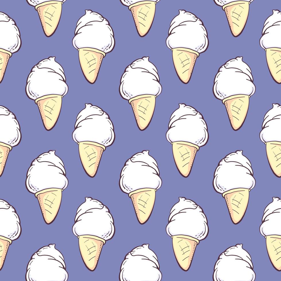 White ice cream in a cone , seamless pattern on a purple background. vector