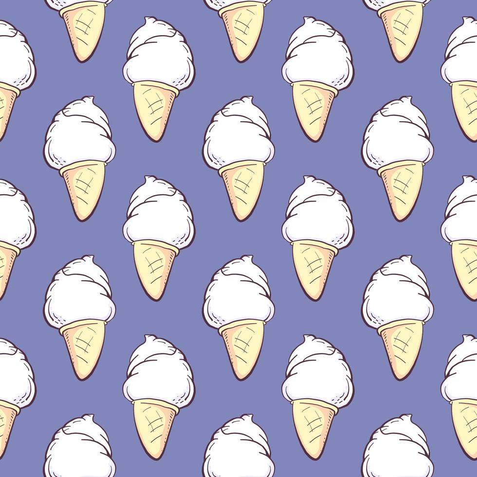 White ice cream in a cone , seamless pattern on a purple background. vector