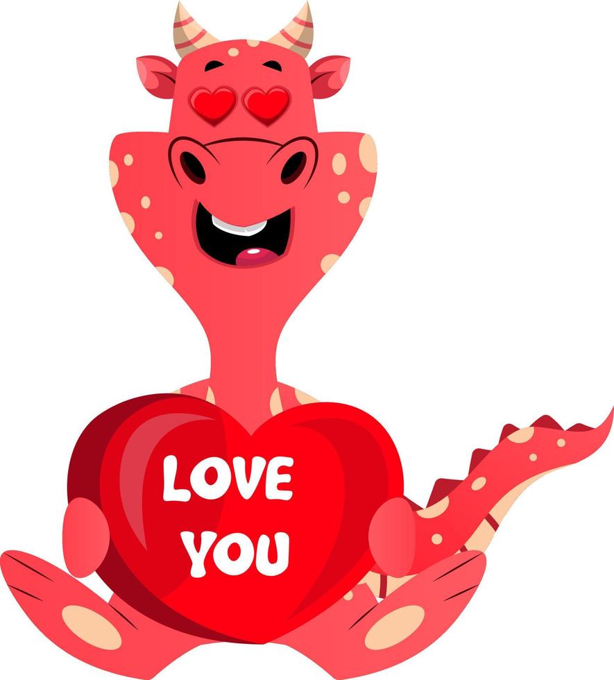 Red dragon is holding I love you sign, illustration, vector on white background.