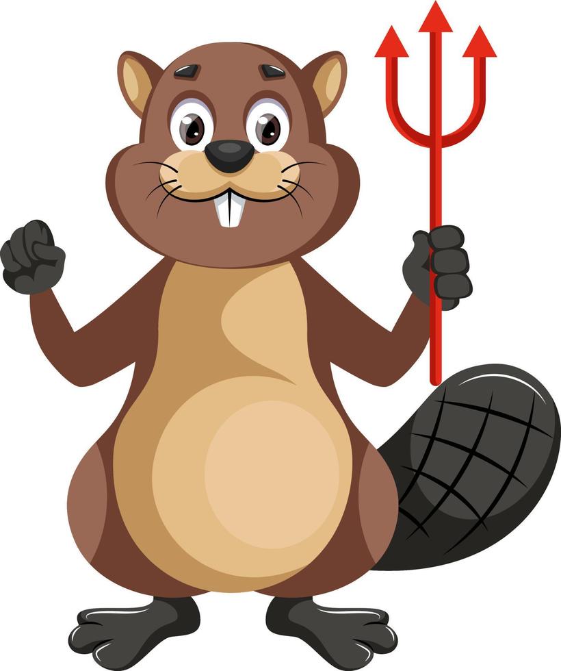 Beaver with devil spear, illustration, vector on white background.